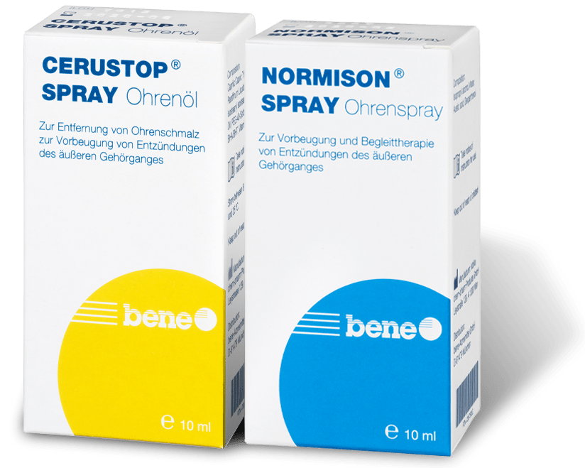 Umverpackung von CERUSTOP® Ohrenöl-Spray und NORMISON® Ohrenspray.